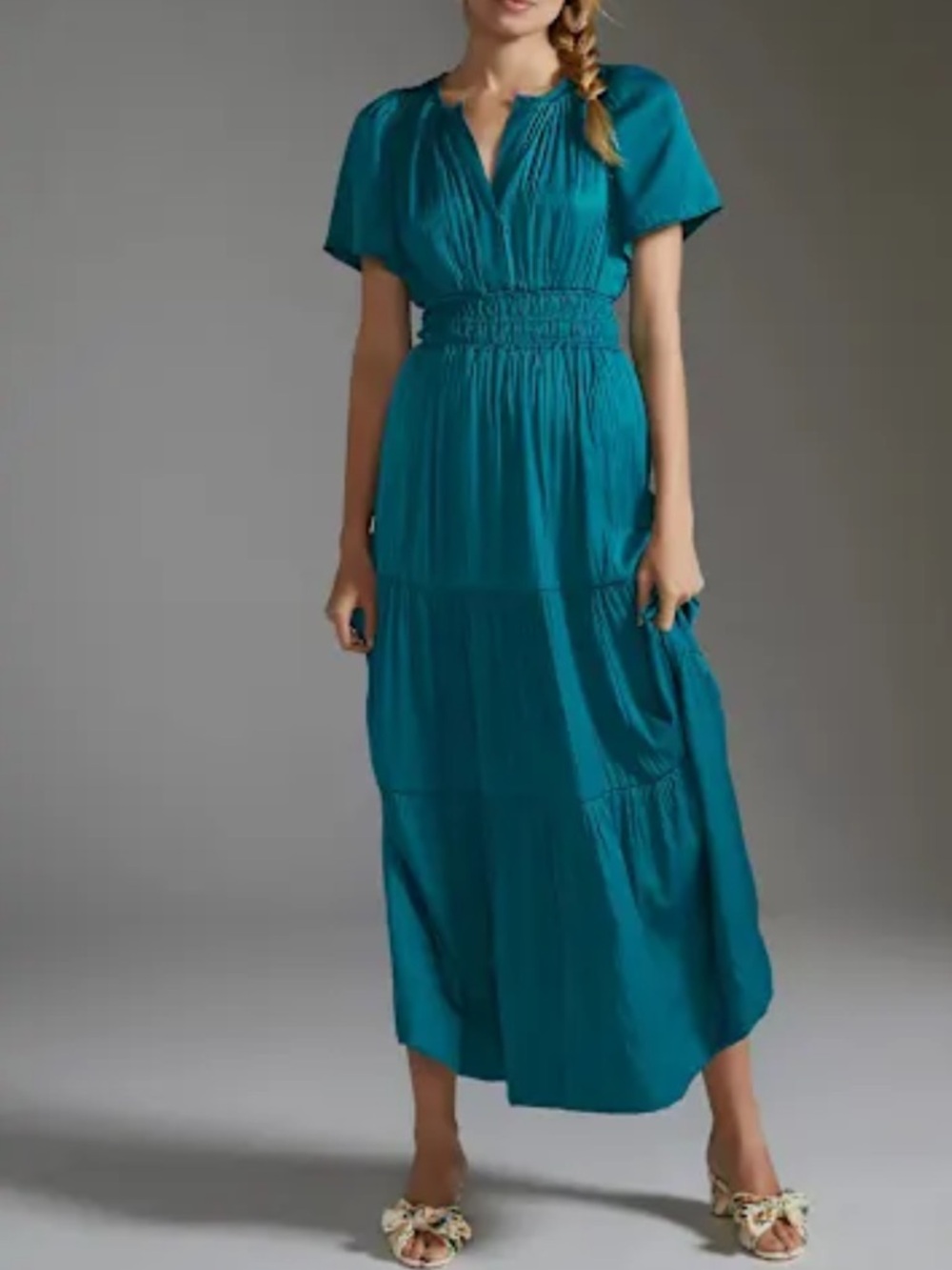Anthropologie Somerset Teal Green Satin Maxi Dress Ruffle Tiered Spring Silky